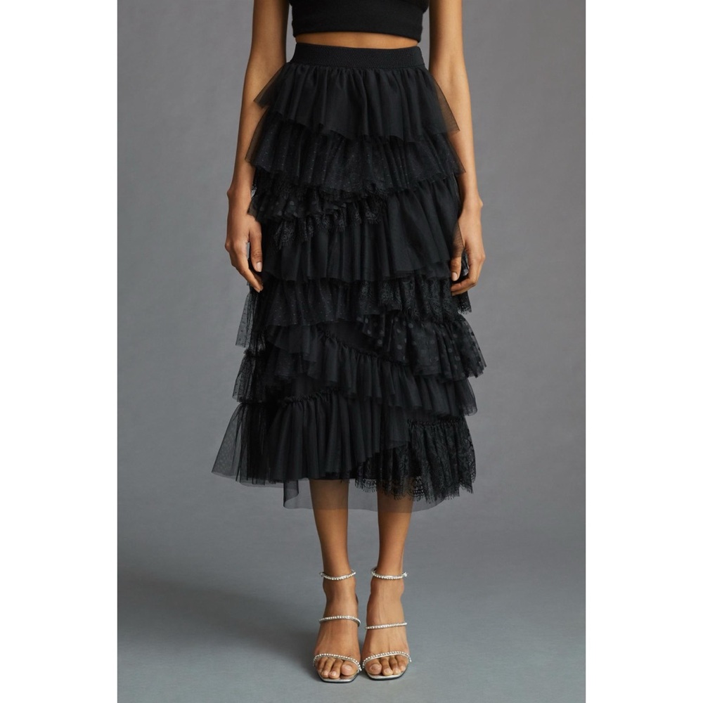 Anthropologie Black Layered Tulle Midi Skirt